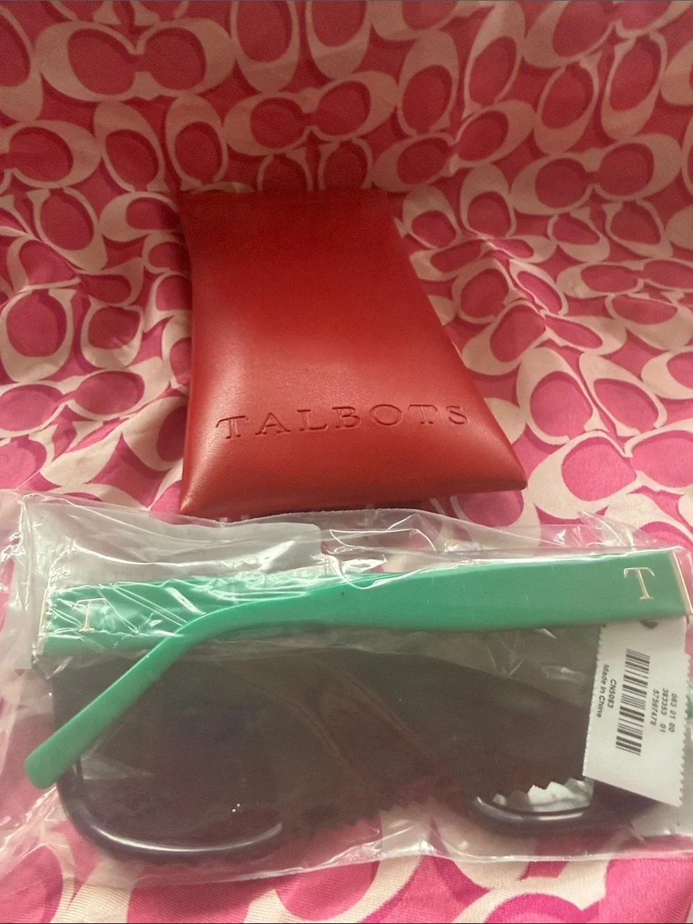 Talbots Red Leather Sunglasses Case with Black Sunglasses in Packaging